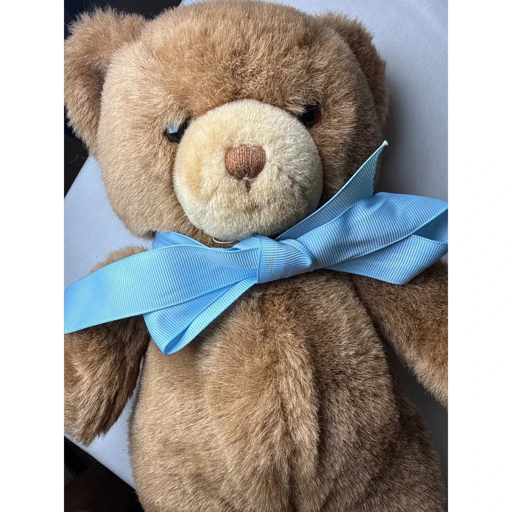 Vintage 1983 Gund Brown Teddy Bear Plush Blue Ribbon Bow 11 Inch Stuffed Animal